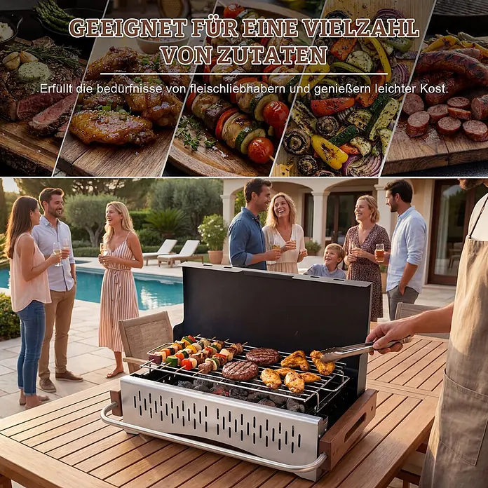 HOMAVO Holzkohlegrill - schwarz - Ein silberner und schwarzer tragbarer Holzkohlegrill, der Spieße, Burger und Hähnchenflügel auf einem Holztisch bei einem Treffen im Freien zubereitet.
