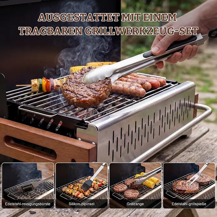 HOMAVO Holzkohlegrill - schwarz - Tragbares Grillset in Gebrauch zum Grillen von Speisen. Es enthält Werkzeuge wie Zange, Reinigungsbürste, Silikonpinsel und Fleischgabel.