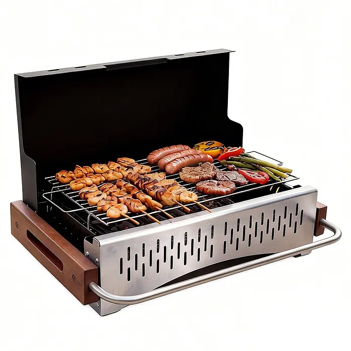 HOMAVO Holzkohlegrill - schwarz - Tischgrill mit schwarzem Deckel, Holzseiten und Edelstahlfront, grillt Fleisch und Gemüse.