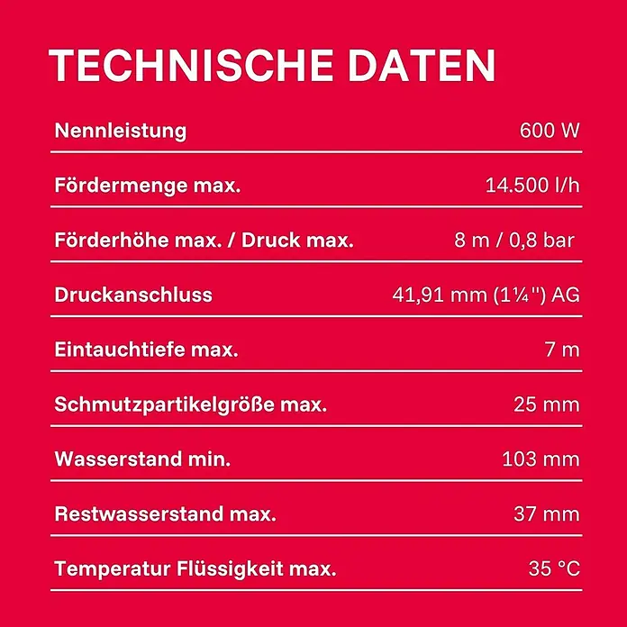 T.I.P. Schmutzwasserpumpe MAXIMA 250 PX - 600 W, Max. Fördermenge: 14.500 l/h, Eintauchtiefe: 7 m - Tabelle mit technischen Daten eines Produkts, die Spezifikationen wie Leistung, Fördermenge und Druck zeigt.