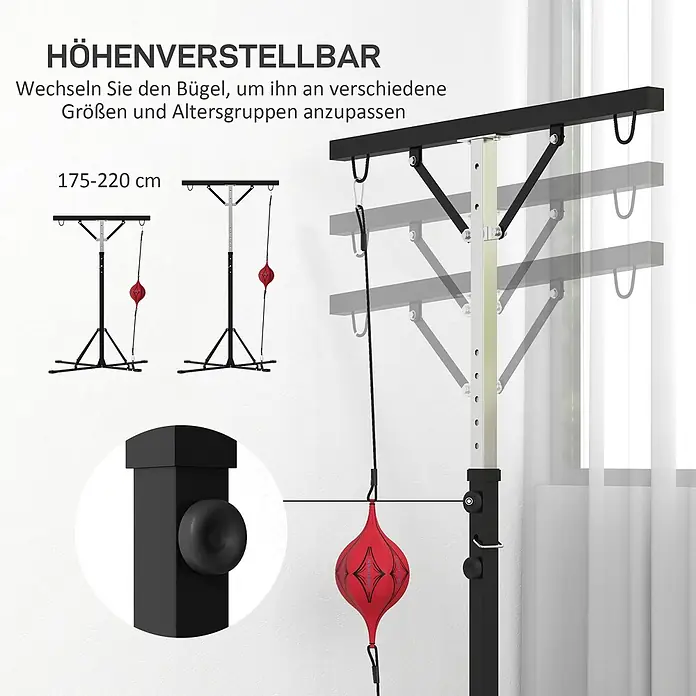 Sportnow Boxsack Ständer - Schwarz - Höhenverstellbarer Boxsackständer (schwarz/silber) mit rotem Speed Bag, einstellbar 175-220 cm.
