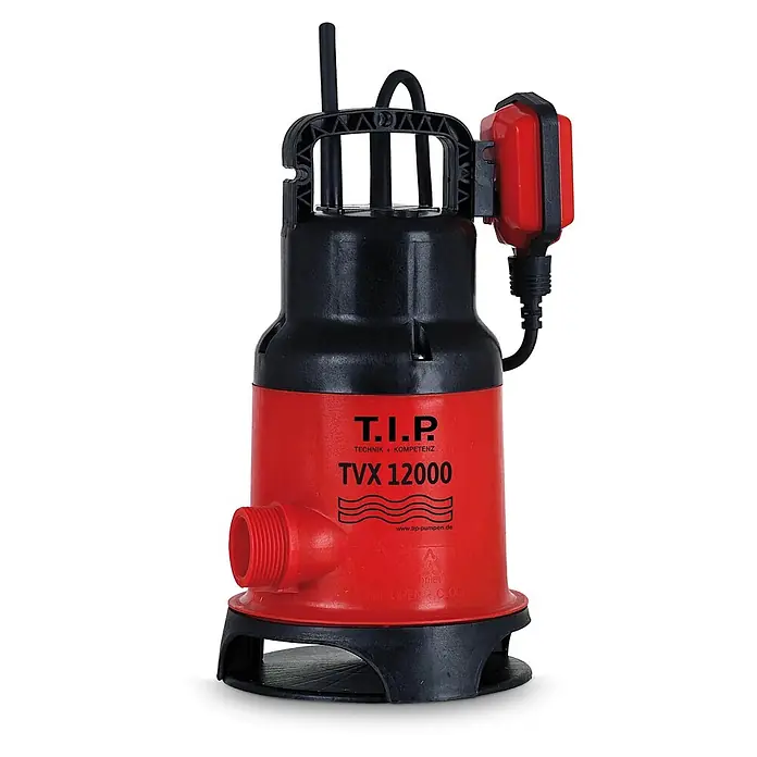 T.I.P. Schmutzwasserpumpe TVX 12000 - 480 W, 230 V, Max. Fördermenge: 10.800 l/h, Eintauchtiefe: 7 m - Rote und schwarze Tauchpumpe mit Tragegriff, rotem Schwimmerschalter und Gewindeanschluss unten.