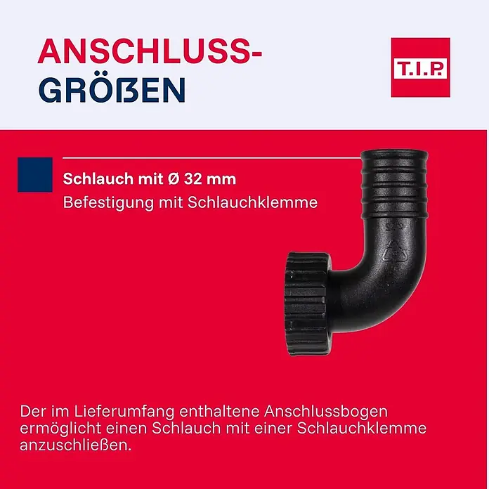 T.I.P. Schmutzwasserpumpe TVX 12000 - 480 W, 230 V, Max. Fördermenge: 10.800 l/h, Eintauchtiefe: 7 m - Schwarzer Kunststoff-Schlauchanschlussbogen für 32 mm Schlauch mit Schlauchklemme.