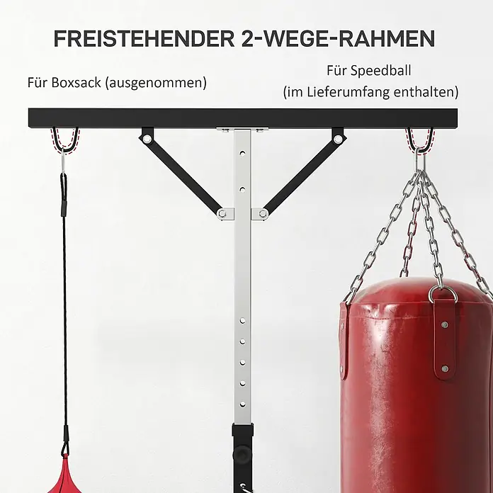 Sportnow Boxsack Ständer - Schwarz - Freistehender 2-Wege-Boxrahmen in Schwarz-Silber mit befestigtem Speedball und leerem Haken für Boxsack.