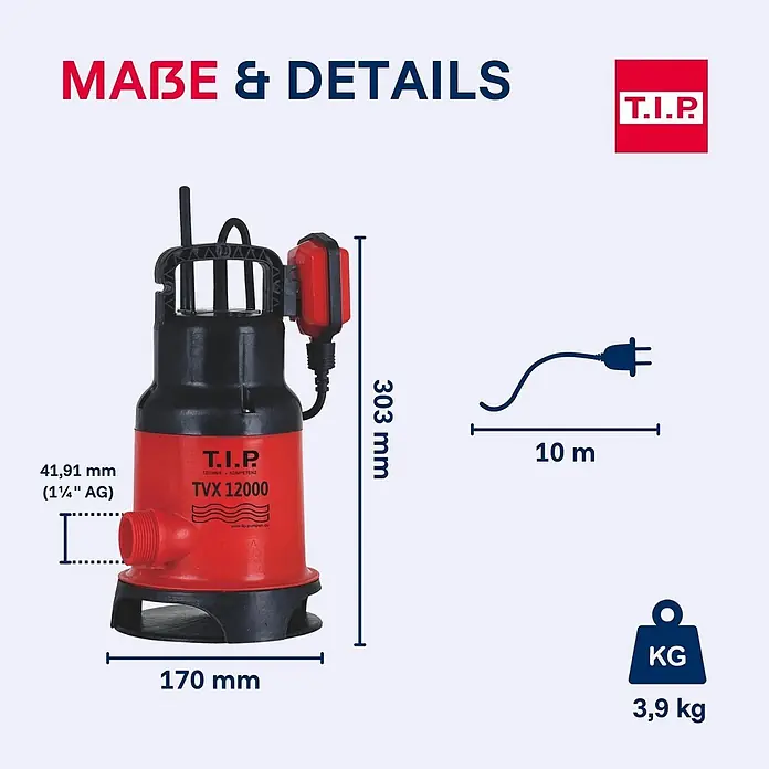 T.I.P. Schmutzwasserpumpe TVX 12000 - 480 W, 230 V, Max. Fördermenge: 10.800 l/h, Eintauchtiefe: 7 m - Rote und schwarze Tauchpumpe, Modell TVX 12000, mit Maßen, 10m Kabel und 3,9kg Gewicht.