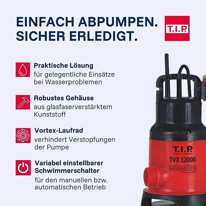 T.I.P. Schmutzwasserpumpe TVX 12000 - 480 W, 230 V, Max. Fördermenge: 10.800 l/h, Eintauchtiefe: 7 m - Eine rot-schwarze Tauchpumpe mit Tragegriff und Gewindeauslass.