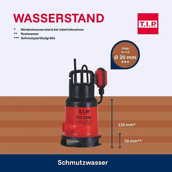 T.I.P. Schmutzwasserpumpe TVX 12000 - 480 W, 230 V, Max. Fördermenge: 10.800 l/h, Eintauchtiefe: 7 m - Rote und schwarze T.I.P. TVX 12000 Tauchpumpe für Schmutzwasser, geeignet für Partikel bis 20mm bei geringem Restwasserstand.