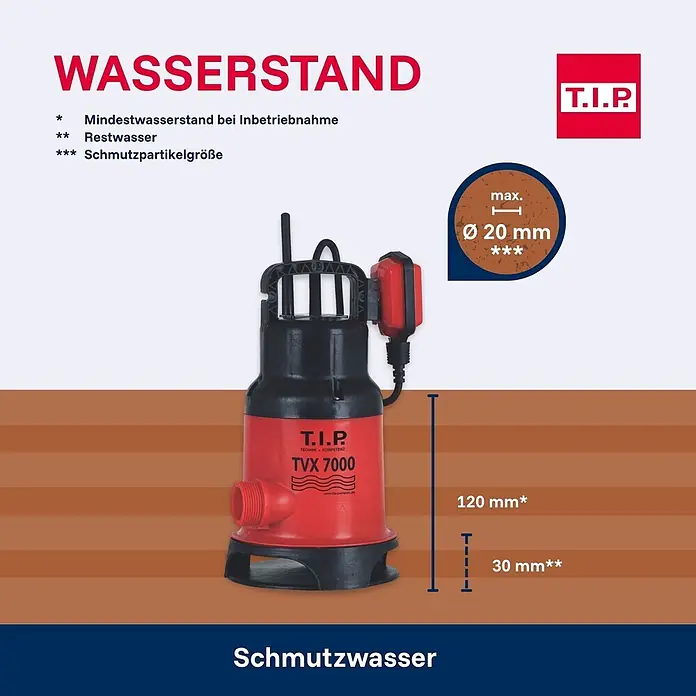 T.I.P. Schmutzwasserpumpe TVX 7000 - 300 W, Max. Fördermenge: 7.000 l/h, Eintauchtiefe: 7 m - Rote und schwarze T.I.P. TVX 7000 Tauchpumpe für Schmutzwasser mit Angaben zu Wasserstand und Partikelgröße (max. 20mm).
