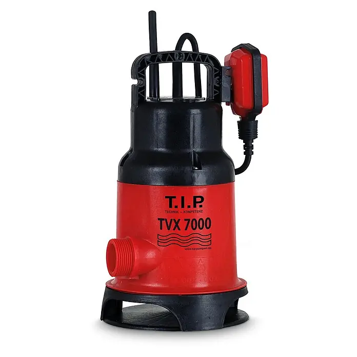 T.I.P. Schmutzwasserpumpe TVX 7000 - 300 W, Max. Fördermenge: 7.000 l/h, Eintauchtiefe: 7 m - Rote und schwarze Tauchpumpe mit Schwimmerschalter und Gewindeanschluss. Mit Tragegriff.