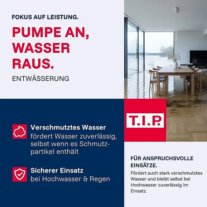 T.I.P. Schmutzwasserpumpe TVX 7000 - 300 W, Max. Fördermenge: 7.000 l/h, Eintauchtiefe: 7 m - Überfluteter Innenraum eines modernen Wohnbereichs, Wasser bedeckt den Boden, was den Bedarf an effektiver Entwässerung unterstreicht.