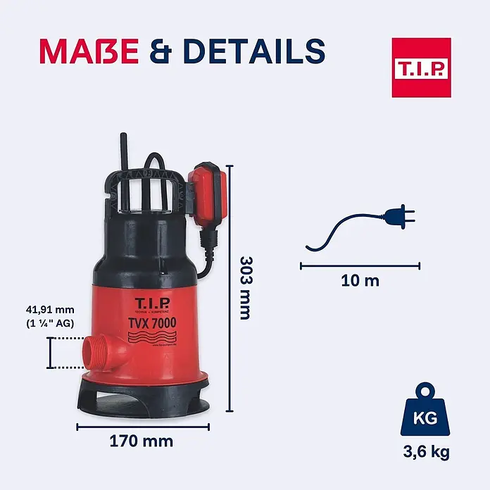 T.I.P. Schmutzwasserpumpe TVX 7000 - 300 W, Max. Fördermenge: 7.000 l/h, Eintauchtiefe: 7 m - Rote und schwarze T.I.P. TVX 7000 Tauchpumpe, 170x303 mm, mit 10m Kabel, 3,6 kg Gewicht und 1 ¼” AG Anschluss.