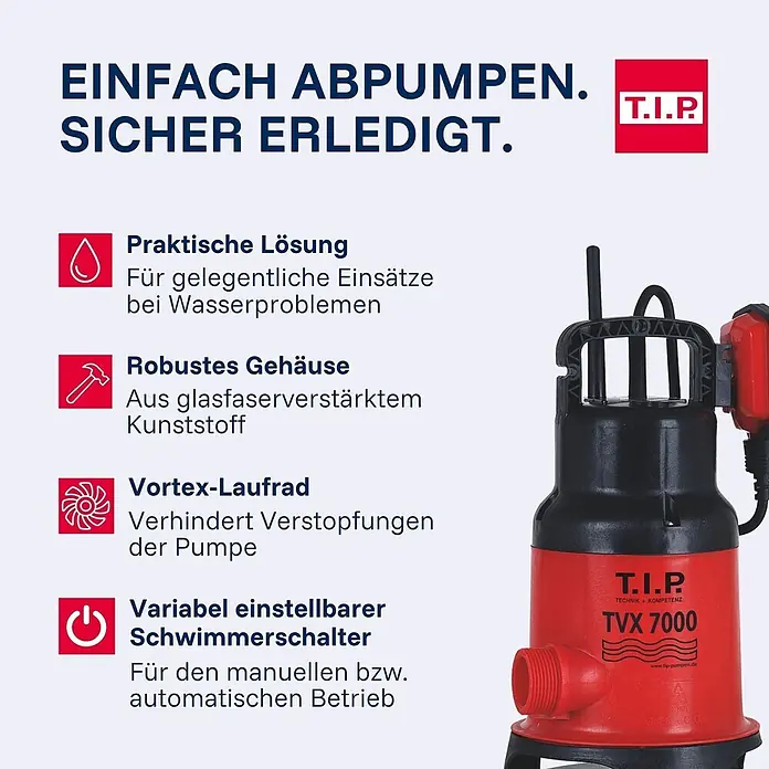 T.I.P. Schmutzwasserpumpe TVX 7000 - 300 W, Max. Fördermenge: 7.000 l/h, Eintauchtiefe: 7 m - Rot-schwarze T.I.P. TVX 7000 Tauchpumpe mit einstellbarem Schwimmerschalter für Entwässerungsaufgaben.