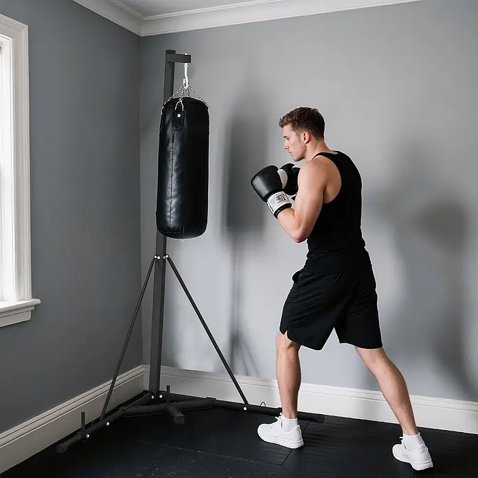 Sportnow Boxsack Ständer - Schwarz - Ein Mann in schwarzer Sportkleidung boxt an einem schwarzen freistehenden Boxsack mit Ständer in einem Innenraum.