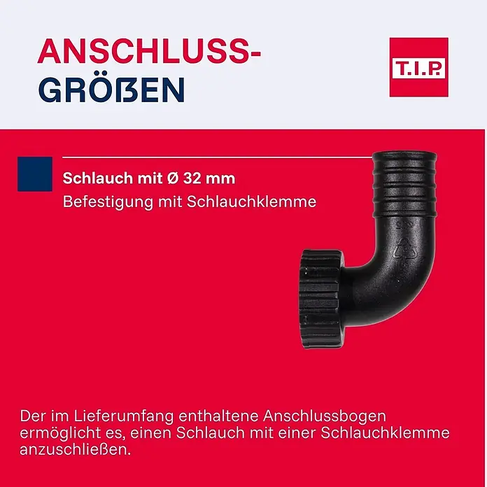 T.I.P. Schmutzwasserpumpe TVX 7000 - 300 W, Max. Fördermenge: 7.000 l/h, Eintauchtiefe: 7 m - Schwarzer Kunststoff-Winkelanschluss 32mm für Schlauchklemme.