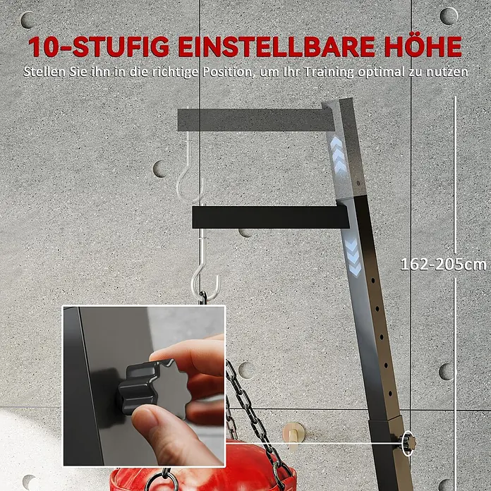Sportnow Boxsack Ständer - Schwarz - Schwarzer, 10-stufig höhenverstellbarer Boxsackständer (162-205cm) mit sternförmigem Drehknopf zur einfachen Höheneinstellung.