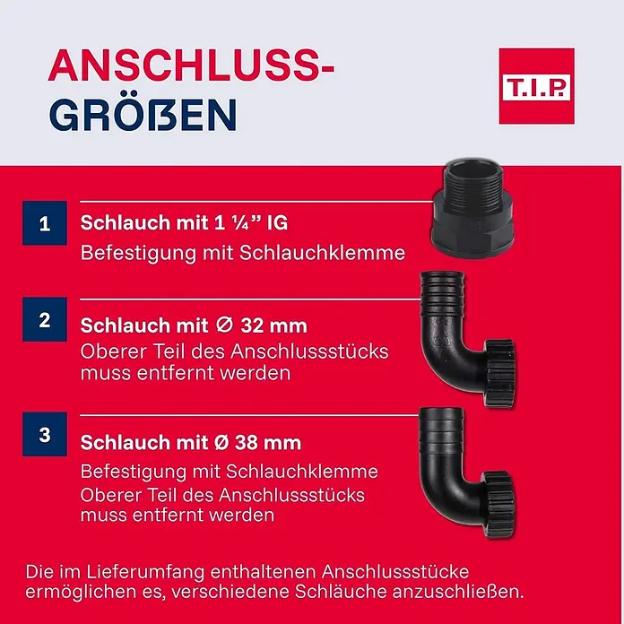T.I.P. Schmutzwasserpumpe MAXIMA 300 IX - 700 W, Max. Fördermenge: 18.000 l/h, Eintauchtiefe: 7 m - Schwarze Kunststoff-Anschlussstücke für Schläuche der Größen 1¼" IG, Ø 32mm und Ø 38mm.