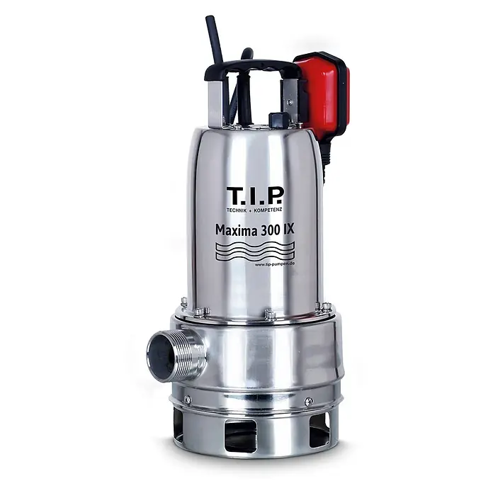 T.I.P. Schmutzwasserpumpe MAXIMA 300 IX - 700 W, Max. Fördermenge: 18.000 l/h, Eintauchtiefe: 7 m - T.I.P. Maxima 300 IX, eine Tauchpumpe aus Edelstahl mit schwarzem Griff und rotem Schwimmerschalter.