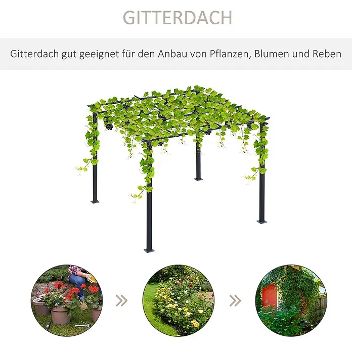 Outsunny Pavillon-Gestell - B x T: 295 x 295 cm, Farbe Gestell: Schwarz, Metall - Schwarze Metall-Pergola mit Gitterdach, bewachsen mit grünen Weinreben und Trauben, ideal für Kletterpflanzen und Blumen.