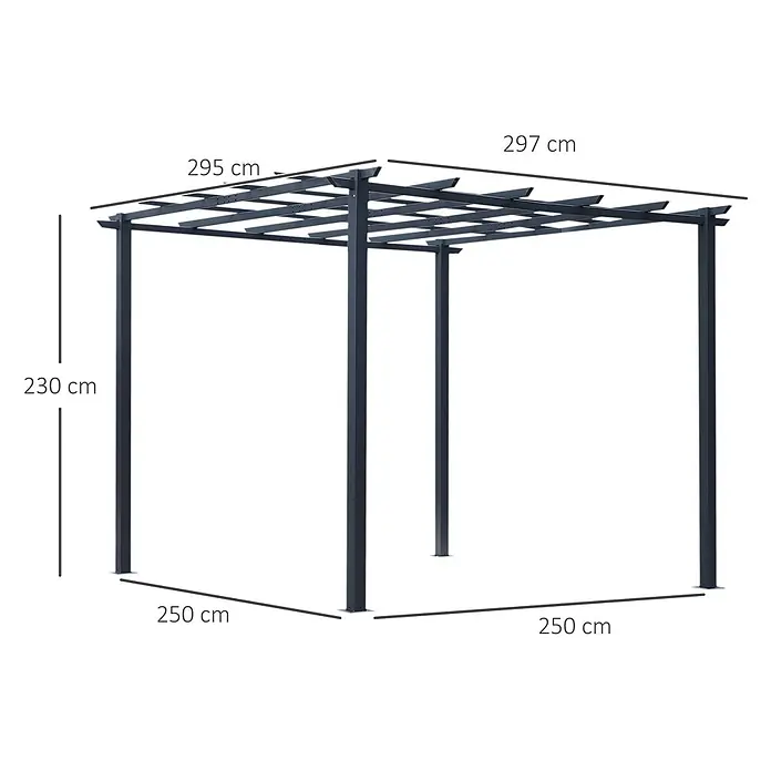 Outsunny Pavillon-Gestell - B x T: 295 x 295 cm, Farbe Gestell: Schwarz, Metall - Anthrazitfarbene Metall-Pergola, 230 cm hoch, mit 295x297 cm Dachfläche.