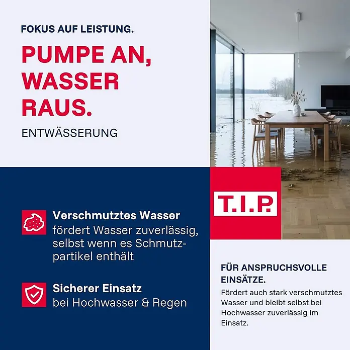 T.I.P. Schmutzwasserpumpe MAXIMA 300 IX - 700 W, Max. Fördermenge: 18.000 l/h, Eintauchtiefe: 7 m - Werbung für eine T.I.P.-Pumpe, zeigt ein mit Schmutzwasser überflutetes Wohnzimmer, betont den Einsatz zur Entwässerung bei Hochwasser.