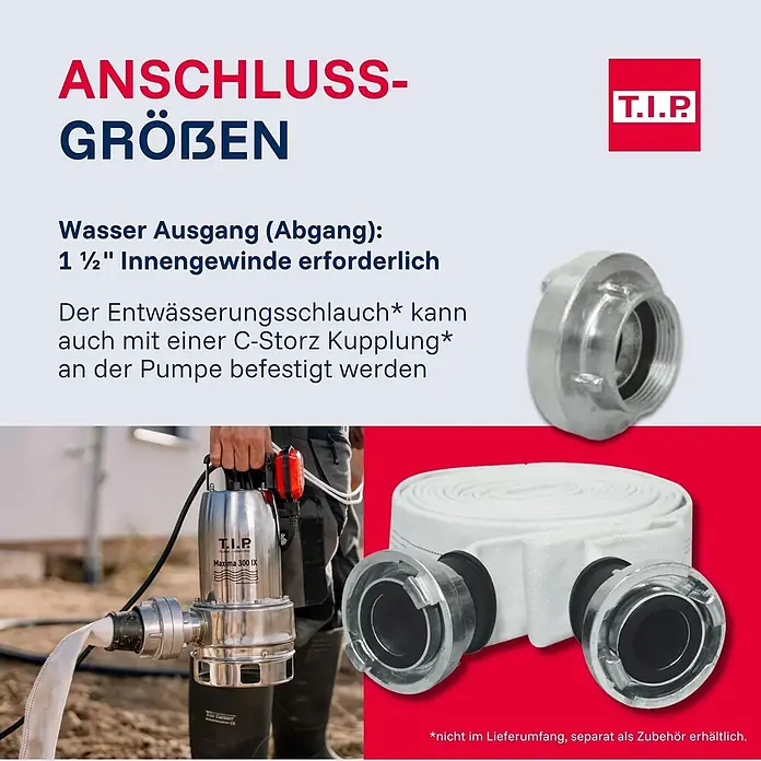 T.I.P. Schmutzwasserpumpe MAXIMA 300 IX - 700 W, Max. Fördermenge: 18.000 l/h, Eintauchtiefe: 7 m - Silberne T.I.P. Maxima 300 IX Tauchpumpe, 1 1/2" Innengewinde-Ausgang, kann C-Storz-Kupplung für Entwässerungsschläuche nutzen.