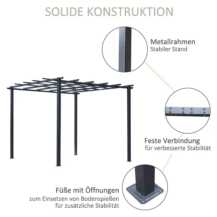 Outsunny Pavillon-Gestell - B x T: 295 x 295 cm, Farbe Gestell: Schwarz, Metall - Dunkelgraue Metallpergola mit robuster Konstruktion, stabilen Standfüßen und festen Verbindungen für verbesserte Stabilität.