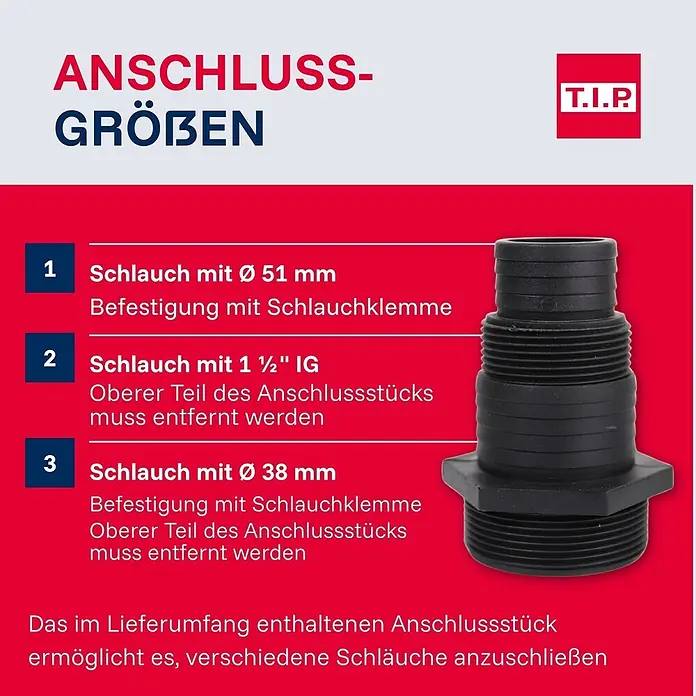 T.I.P. Schmutzwasserpumpe EXTREMA 600/14 CX - 2.200 W, Max. Fördermenge: 36.000 l/h, Eintauchtiefe: 7 m - Schwarzer Kunststoff-Schlauchadapter zum Anschluss verschiedener Schlauchgrößen an Pumpen.