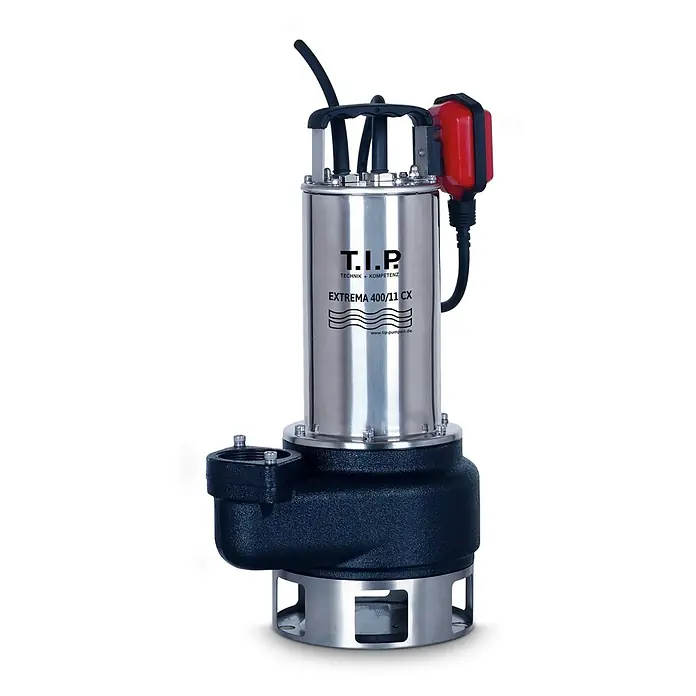 T.I.P. Schmutzwasserpumpe EXTREMA 400/11 CX - 1.500 W, Max. Fördermenge: 24.000 l/h - Tauchpumpe aus Edelstahl mit schwarzem Sockel, Griff und rotem Schwimmerschalter. Modell T.I.P. EXTREMA 400/11 CX.
