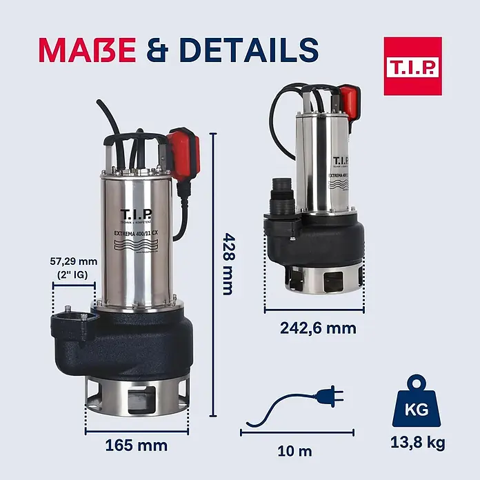 T.I.P. Schmutzwasserpumpe EXTREMA 400/11 CX - 1.500 W, Max. Fördermenge: 24.000 l/h - Edelstahl-Tauchpumpe in Schwarz mit Produktmaßen und Gewichtsangaben.