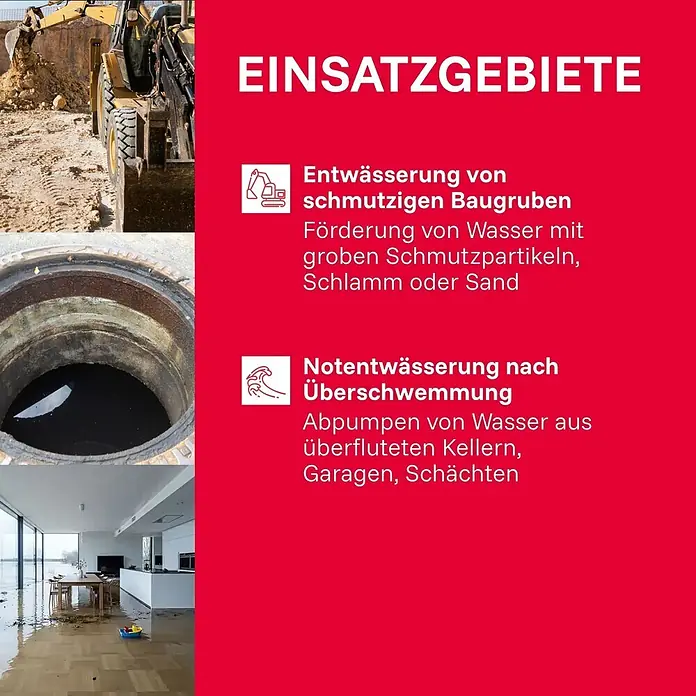 T.I.P. Schmutzwasserpumpe EXTREMA 600/14 CX - 2.200 W, Max. Fördermenge: 36.000 l/h, Eintauchtiefe: 7 m - Anwendungsbereiche für Entwässerung: Abpumpen von Wasser aus schmutzigen Baugruben und bei Überschwemmungen in Kellern/Garagen.
