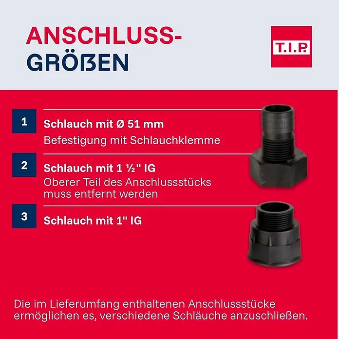T.I.P. Schmutzwasserpumpe EXTREMA 400/11 CX - 1.500 W, Max. Fördermenge: 24.000 l/h - Grafik mit T.I.P. Schlauchanschlussgrößen, zeigt schwarze Kunststoffadapter für 51mm, 1 1/2" IG und 1" IG Schläuche, betont ihre Vielseitigkeit.