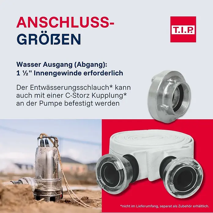 T.I.P. Schmutzwasserpumpe MAXIMA 350 IPX DUO - 800 W, Max. Fördermenge: 20.000 l/h, Eintauchtiefe: 7 m - Tauchpumpe in Betrieb, aufgerollter weißer Entwässerungsschlauch mit C-Storz-Kupplungen und Gewindeadapter, zeigt Anschlussmöglichkeiten.