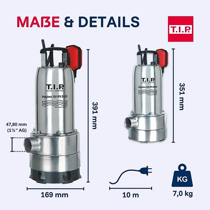 T.I.P. Schmutzwasserpumpe MAXIMA 350 IPX DUO - 800 W, Max. Fördermenge: 20.000 l/h, Eintauchtiefe: 7 m - Eine silberne Tauchpumpe mit schwarzem Sockel und roten Akzenten, Maße (391x169mm), 10m Kabel und 7,0 kg Gewicht.
