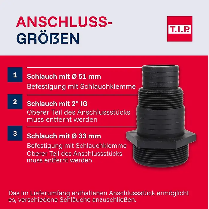 T.I.P. Schmutzwasserpumpe EXTREMA 500/13 IX - 1.800 W, Max. Fördermenge: 30.000 l/h, Eintauchtiefe: 7 m - Schwarzer Kunststoff-Schlauchanschluss mit mehreren Durchmesseroptionen (51 mm, 2" IG, 33 mm), anpassbar durch Entfernen von Teilen.