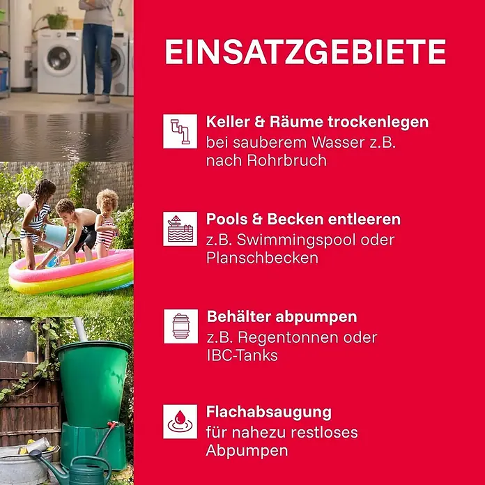 T.I.P. Schmutzwasserpumpe MAXIMA 350 IPX DUO - 800 W, Max. Fördermenge: 20.000 l/h, Eintauchtiefe: 7 m - Vielseitige Anwendungen einer Pumpe: Entwässerung von Kellern, Leeren von Pools und Abpumpen von Regentonnen oder Behältern.