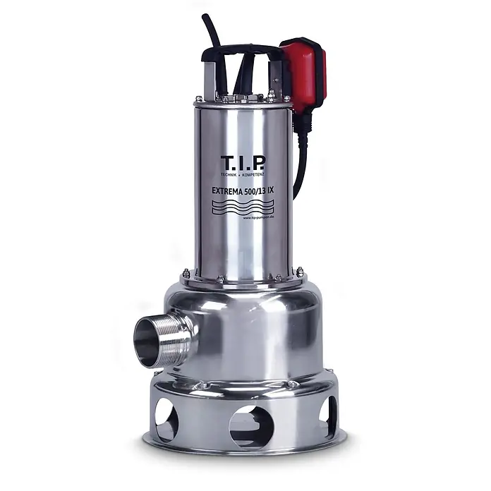 T.I.P. Schmutzwasserpumpe EXTREMA 500/13 IX - 1.800 W, Max. Fördermenge: 30.000 l/h, Eintauchtiefe: 7 m - Tauchpumpe aus Edelstahl mit rotem Schwimmerschalter.