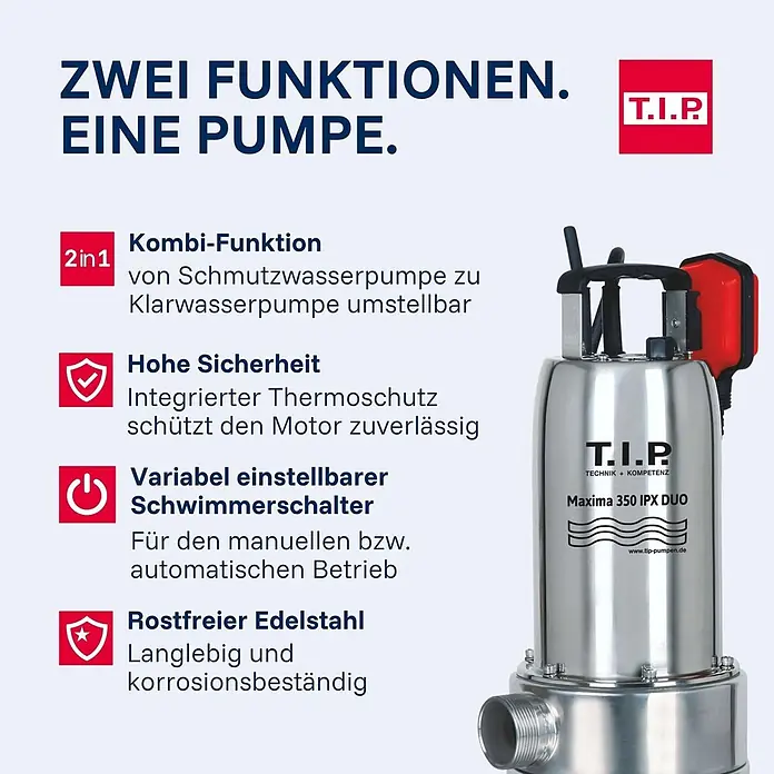 T.I.P. Schmutzwasserpumpe MAXIMA 350 IPX DUO - 800 W, Max. Fördermenge: 20.000 l/h, Eintauchtiefe: 7 m - Edle silberne Edelstahl-Tauchpumpe mit roten Akzenten, für Schmutz- und Klarwasser geeignet.