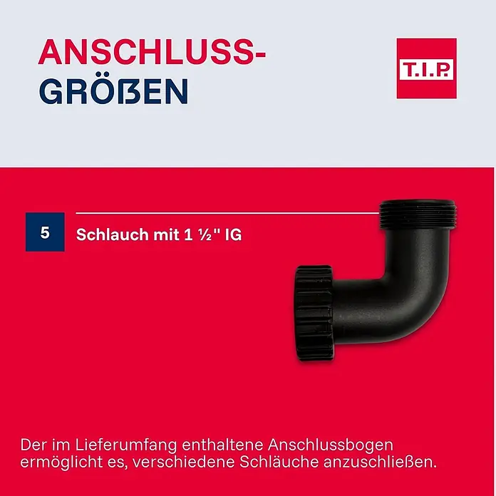 T.I.P. Schmutzwasserpumpe MAXIMA 350 IPX DUO - 800 W, Max. Fördermenge: 20.000 l/h, Eintauchtiefe: 7 m - Schwarzer Kunststoff-Anschlussbogen mit 1 ½ Zoll Innengewinde für Schlauchverbindungen.