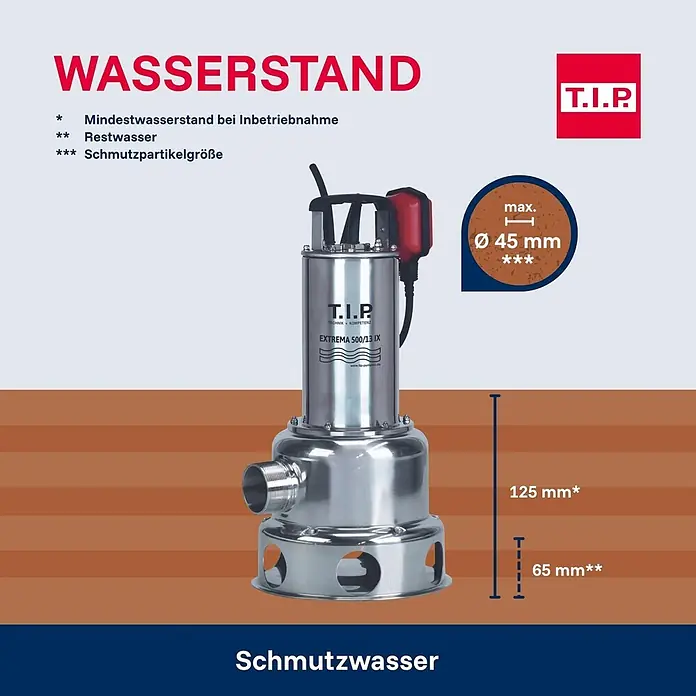 T.I.P. Schmutzwasserpumpe EXTREMA 500/13 IX - 1.800 W, Max. Fördermenge: 30.000 l/h, Eintauchtiefe: 7 m - Edelstahl-Tauchpumpe für Schmutzwasser, zeigt Mindestwasserstand (125mm), Restwasser (65mm) und max. Partikelgröße (Ø 45mm).