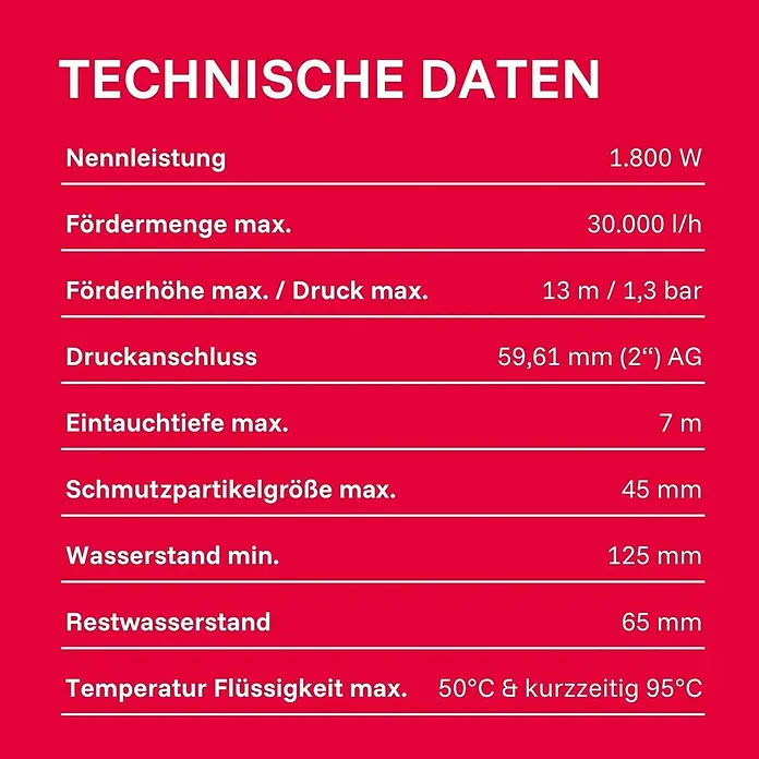 T.I.P. Schmutzwasserpumpe EXTREMA 500/13 IX - 1.800 W, Max. Fördermenge: 30.000 l/h, Eintauchtiefe: 7 m - Technisches Datenblatt mit Spezifikationen wie Leistung, Fördermenge, Druck und maximaler Flüssigkeitstemperatur.