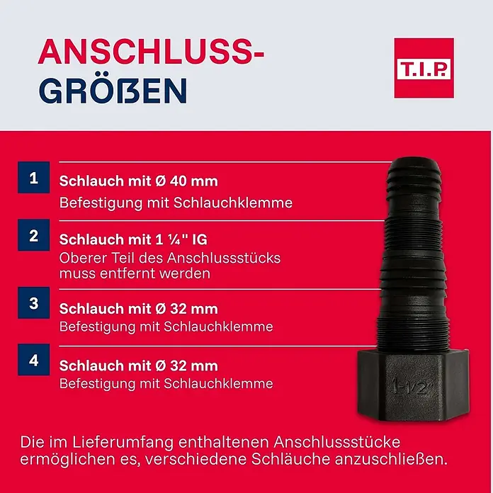 T.I.P. Schmutzwasserpumpe MAXIMA 350 IPX DUO - 800 W, Max. Fördermenge: 20.000 l/h, Eintauchtiefe: 7 m - Schwarzes, gestuftes Schlauchanschlussstück mit mehreren Durchmessern und 1-1/2" Gewindebasis.