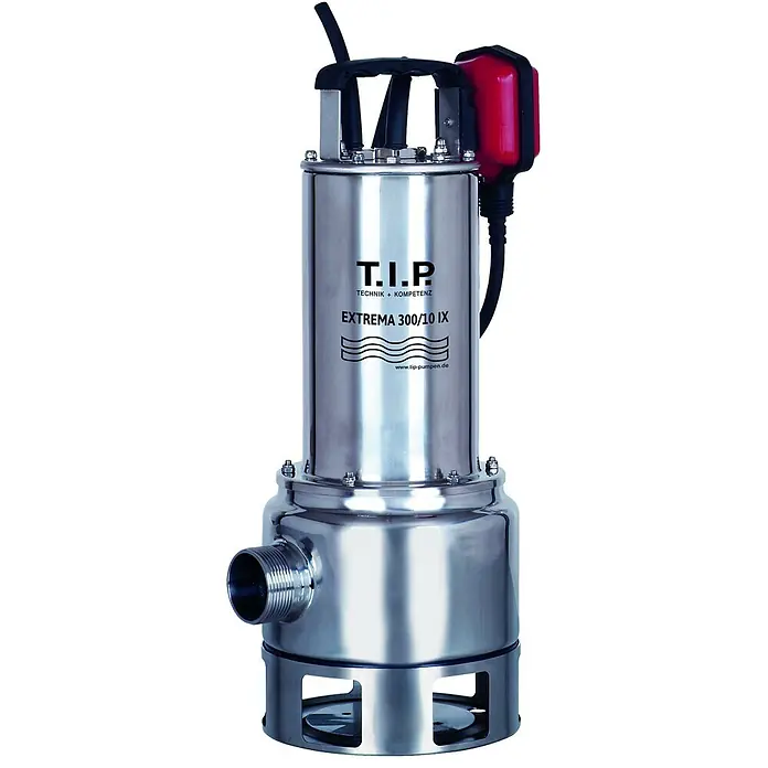 T.I.P. Schmutzwasserpumpe EXTREMA 300/10 IX - 1.200 W, Max. Fördermenge: 19.500 l/h, Eintauchtiefe: 7 m - Tauchpumpe aus Edelstahl mit roter Steuerbox und Griff, zum Fördern von Flüssigkeiten.