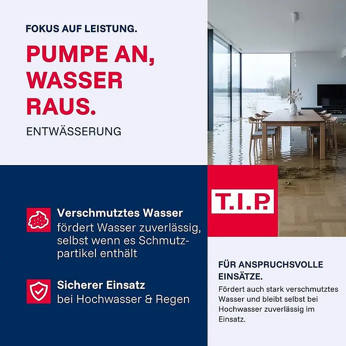 T.I.P. Schmutzwasserpumpe MAXIMA 400 CX - 950 W, Max. Fördermenge: 24.000 l/h, Eintauchtiefe: 7 m - Werbung für eine T.I.P. Wasserpumpe, die ein überflutetes Wohnzimmer zeigt. Die Pumpe entwässert zuverlässig, auch bei Schmutzwasser und Hochwasser.