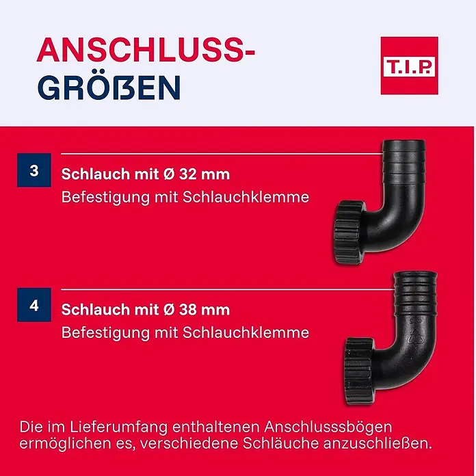 T.I.P. Schmutzwasserpumpe MAXIMA 400 CX - 950 W, Max. Fördermenge: 24.000 l/h, Eintauchtiefe: 7 m - Schwarze Anschlussbögen für 32 mm und 38 mm Schläuche mit Schlauchklemme.