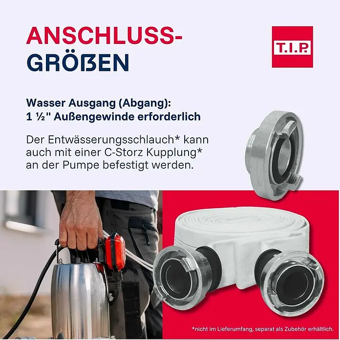 T.I.P. Schmutzwasserpumpe MAXIMA 400 CX - 950 W, Max. Fördermenge: 24.000 l/h, Eintauchtiefe: 7 m - Silberne Pumpe, weißer Entwässerungsschlauch und Metallkupplungen für 1 1/2" Anschluss oder C-Storz.