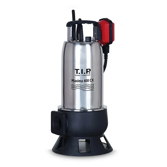 T.I.P. Schmutzwasserpumpe MAXIMA 400 CX - 950 W, Max. Fördermenge: 24.000 l/h, Eintauchtiefe: 7 m - Tauchpumpe T.I.P. Maxima 400 CX aus Edelstahl mit schwarzem Sockel und integriertem Griff, zur Wasserentwässerung.