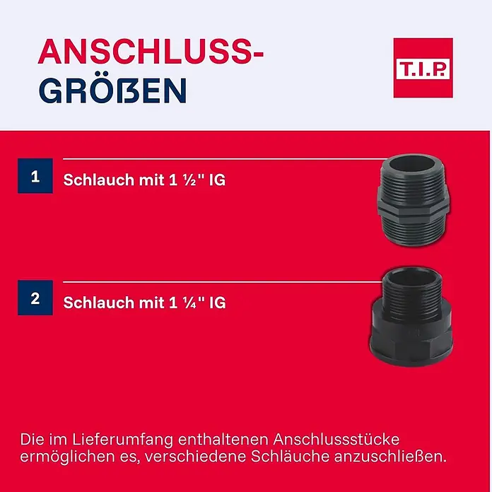 T.I.P. Schmutzwasserpumpe MAXIMA 400 CX - 950 W, Max. Fördermenge: 24.000 l/h, Eintauchtiefe: 7 m - Zwei schwarze Schlauchanschlüsse, die 1 1/2" und 1 1/4" Innengewinde-Optionen zeigen.