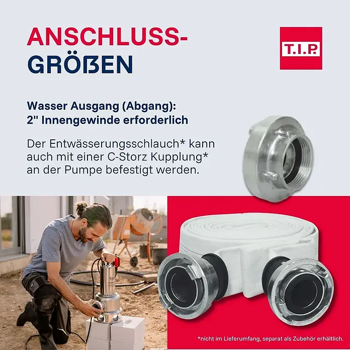 T.I.P. Schmutzwasserpumpe EXTREMA 450/12 IX-S - 1.500 W, Max. Fördermenge: 27.000 l/h, Eintauchtiefe: 7 m - Silberner Adapter mit 2" Innengewinde und weißer Entwässerungsschlauch mit C-Storz Kupplungen, an Pumpe gezeigt. Als Zubehör erhältlich.