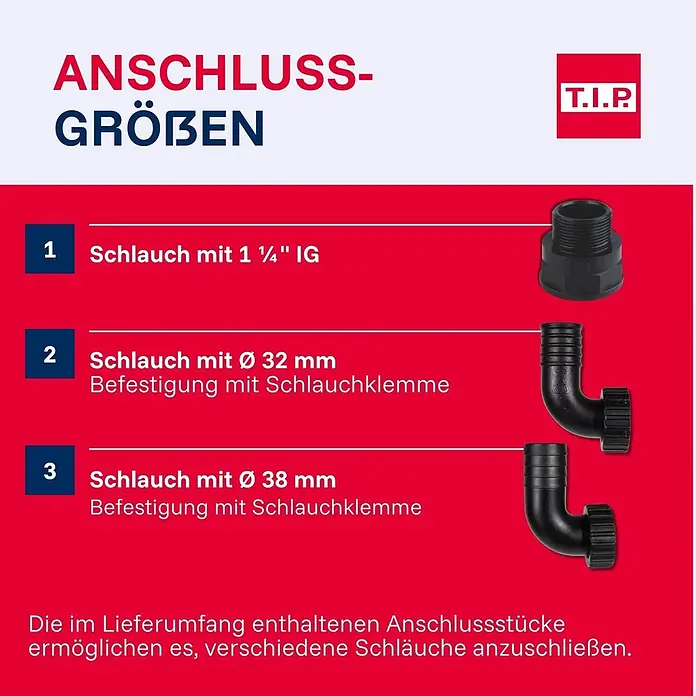 T.I.P. Schmutzwasserpumpe EXTREMA 450/12 IX-S - 1.500 W, Max. Fördermenge: 27.000 l/h, Eintauchtiefe: 7 m - Verschiedene schwarze Kunststoff-Schlauchanschlüsse für Größen 1¼" IG, Ø 32 mm und Ø 38 mm zur flexiblen Schlauchbefestigung.