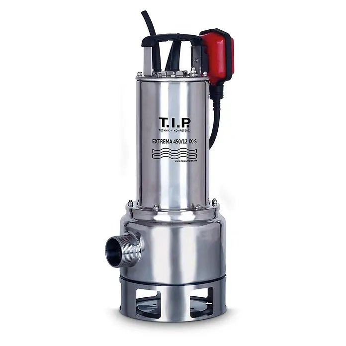 T.I.P. Schmutzwasserpumpe EXTREMA 450/12 IX-S - 1.500 W, Max. Fördermenge: 27.000 l/h, Eintauchtiefe: 7 m - Tauchpumpe aus Edelstahl mit rotem Schwimmerschalter und schwarzem Griff, mit T.I.P. Extrema Branding.